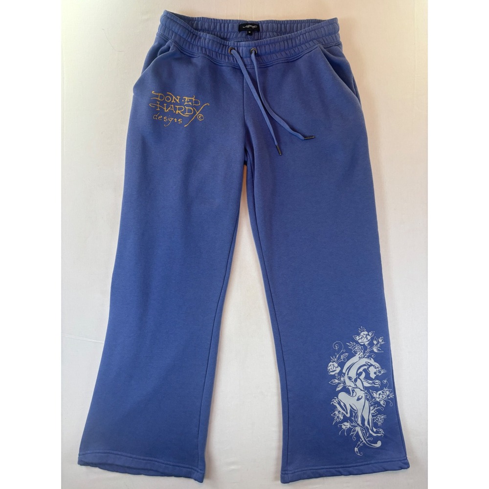 Ed Hardy Women Blue Tattoo Graphic Sweatpants Wide Leg Panther Swallow Medium M
